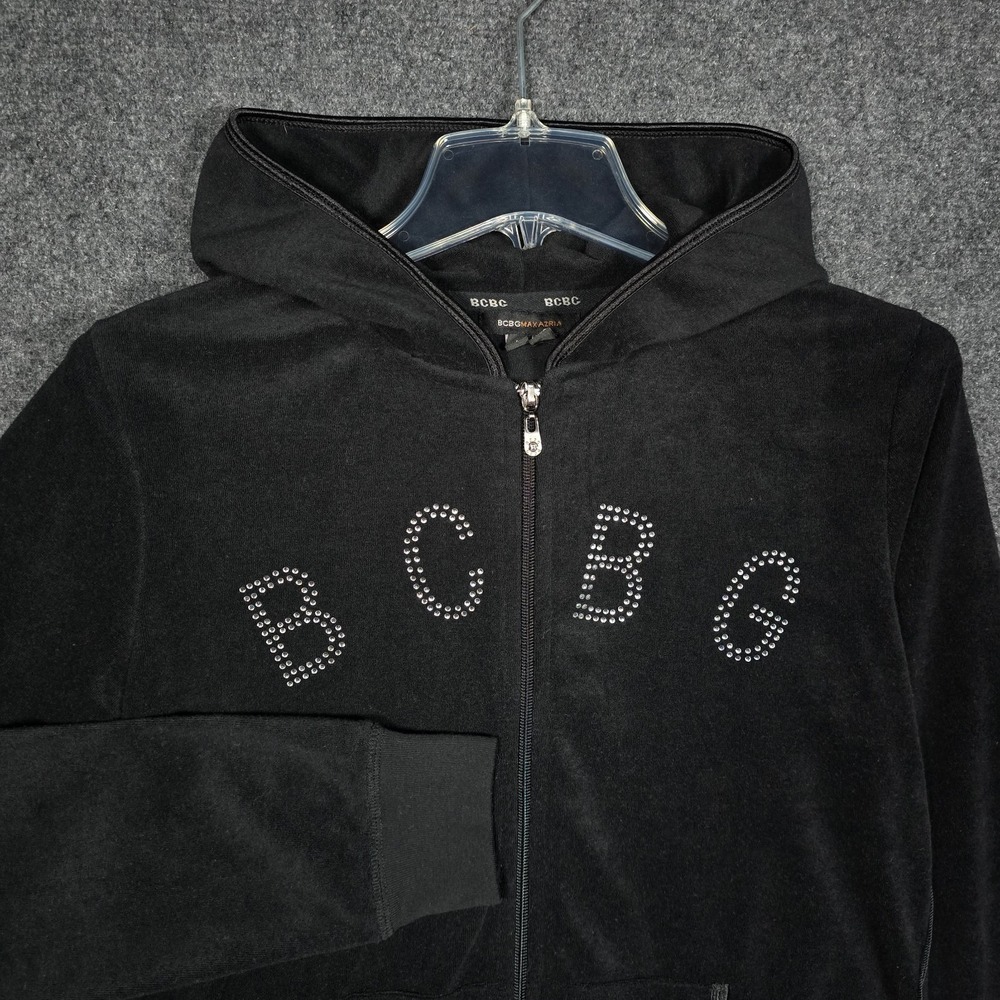 Vintage Y2K BCBG Hoodie Women's Large Maxazria Velour Rhinestone Zip Up Black - Picture 2 of 7